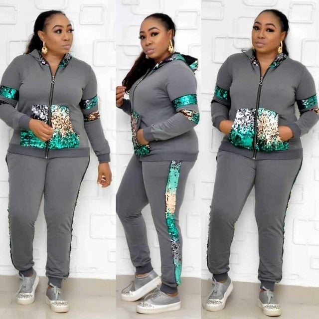 2 Two Piece Set Women track suit tops and pants hooded suit fashion big  sequins jogging femme sets two piece outfits sweat suits